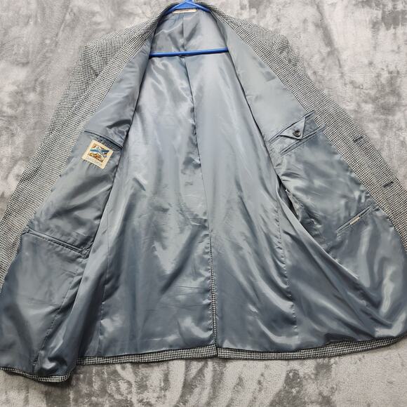 Travelsmith Sport Coat Mens 42L Black White Blue Silk Tweed Houndstooth Blazer - Picture 4 of 13